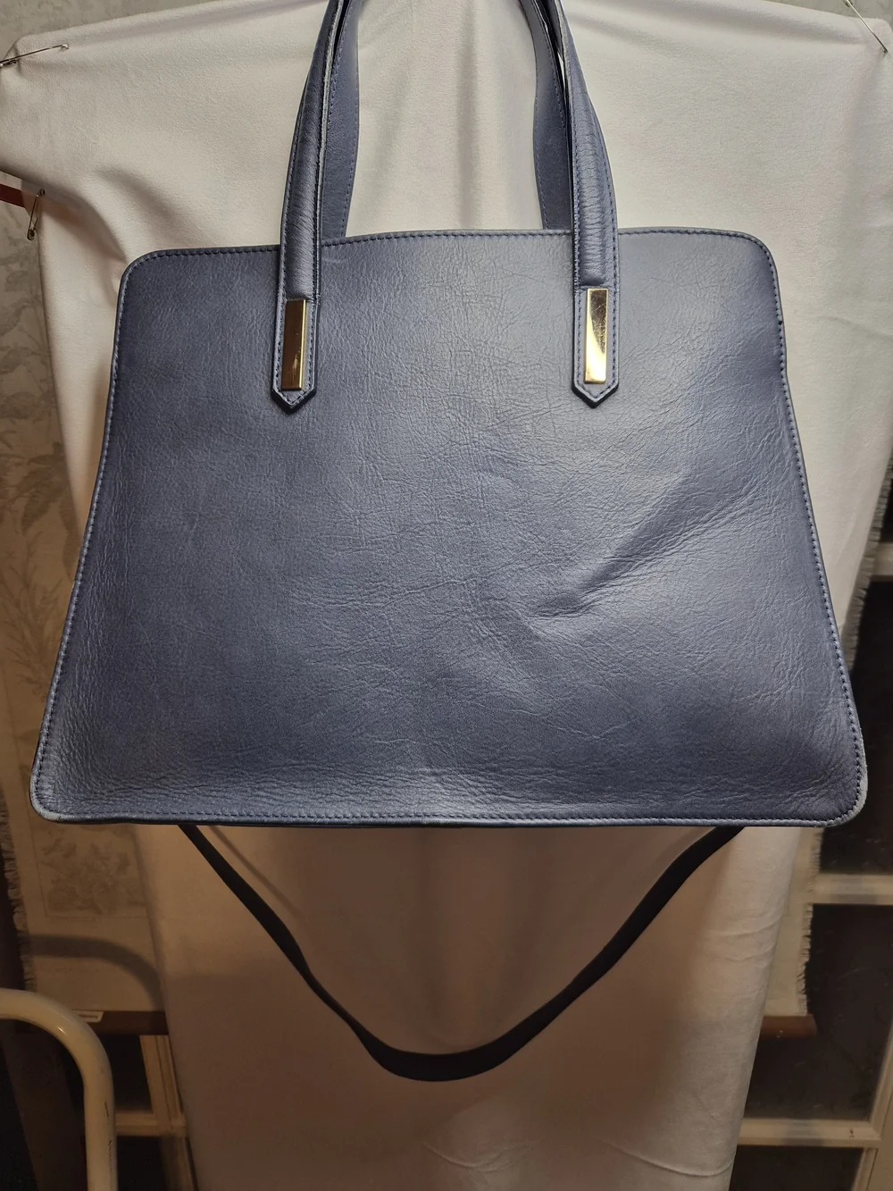 Italian Vera Pelle Genuine Leather Navy Satchel Tote Purse Gold Hardware